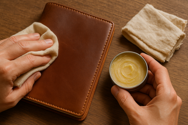 Polimento de couro artesanal com panos e ceras adequadas