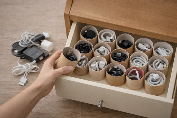 Como organizar cables y cargadores con tubos de papel higienico