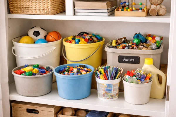 Como organizar juguetes usando baldes y recipientes viejos